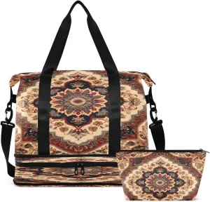 Gym Bag Sports Travel Duffel Bag Weekender Overnight Bag with Wet Pocket Shoes Compartment and Toiletry Bag Brown Bohemia for Travel, Business,Gym, Yoga