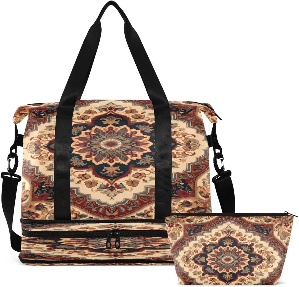 Gym Bag Sports Travel Duffel Bag Weekender Overnight Bag with Wet Pocket Shoes Compartment and Toiletry Bag Brown Bohemia for Travel, Business,Gym, Yoga
