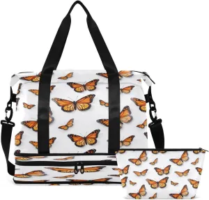 Gym Bag Sports Travel Duffel Bag Weekender Overnight Bag with Wet Pocket Shoes Compartment and Toiletry Bag Brown Butterfly for Travel, Business,Gym, Yoga