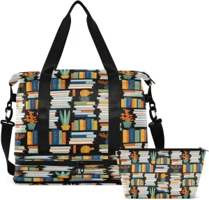 Gym Bag Sports Travel Duffel Bag Weekender Overnight Bag with Wet Pocket Shoes Compartment and Toiletry Bag Colorful Books for Travel, Business,Gym, Yoga