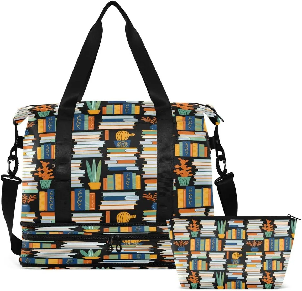 Gym Bag Sports Travel Duffel Bag Weekender Overnight Bag with Wet Pocket Shoes Compartment and Toiletry Bag Colorful Books for Travel, Business,Gym, Yoga