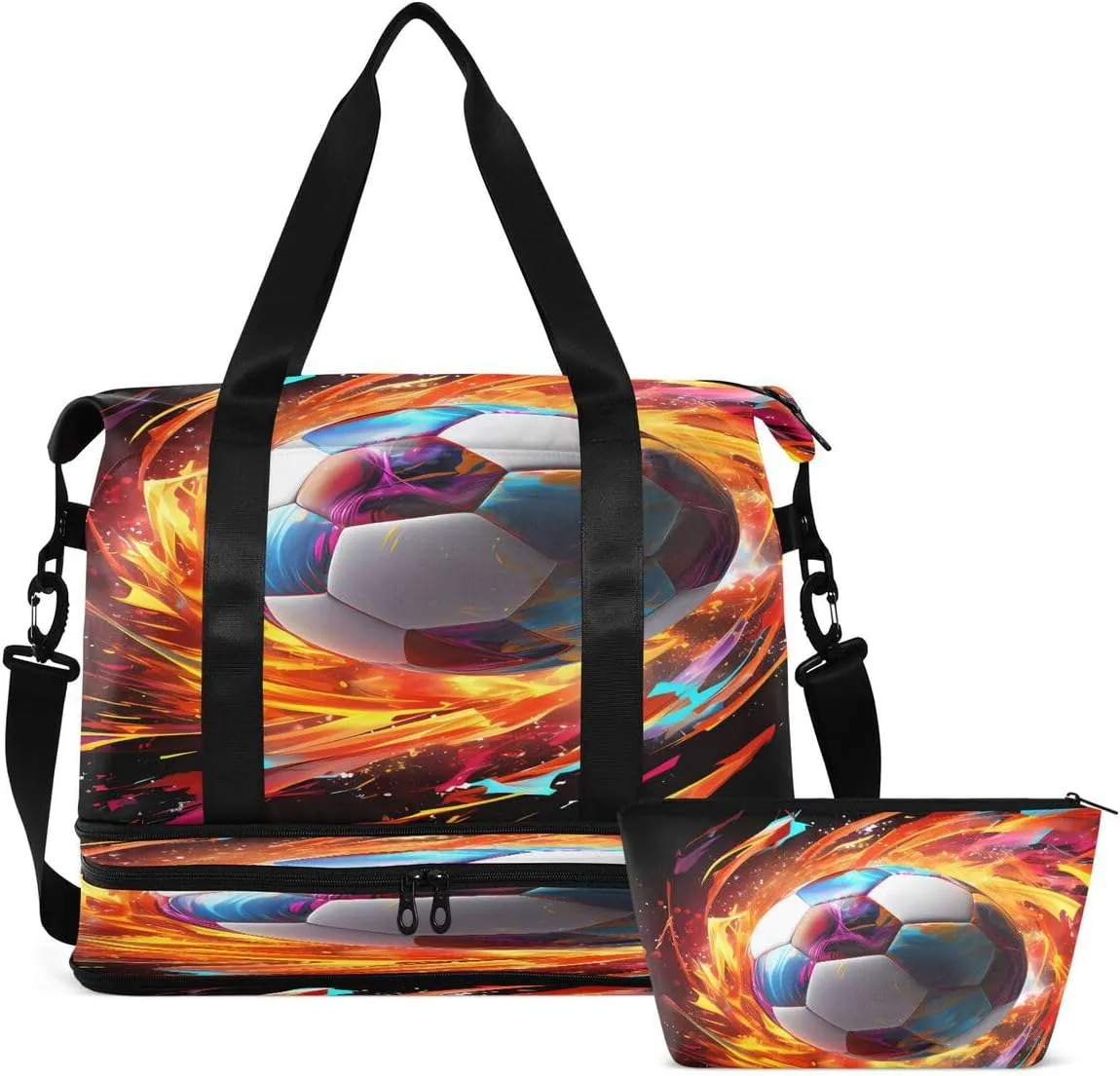 Gym Bag Sports Travel Duffel Bag Weekender Overnight Bag with Wet Pocket Shoes Compartment and Toiletry Bag Fire Football for Travel, Business,Gym, Yoga