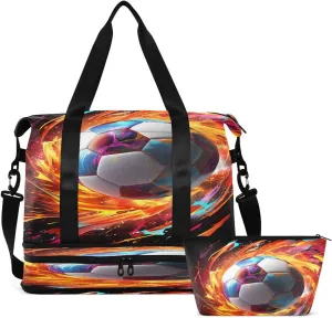Gym Bag Sports Travel Duffel Bag Weekender Overnight Bag with Wet Pocket Shoes Compartment and Toiletry Bag Fire Football for Travel, Business,Gym, Yoga