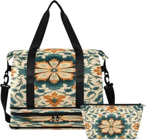 Gym Bag Sports Travel Duffel Bag Weekender Overnight Bag with Wet Pocket Shoes Compartment and Toiletry Bag Floral Bohemia for Travel, Business,Gym, Yoga