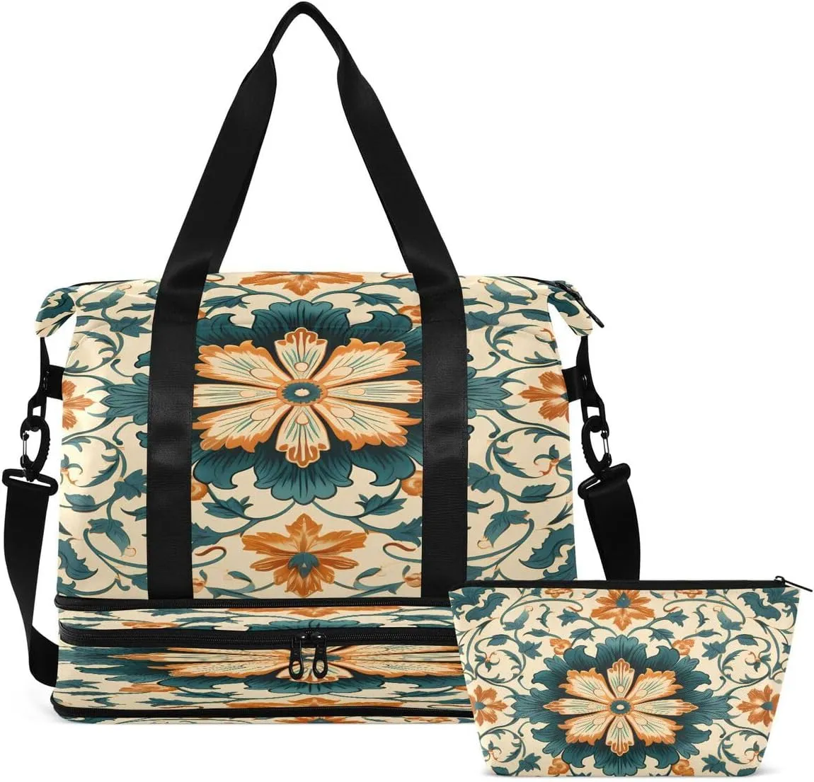 Gym Bag Sports Travel Duffel Bag Weekender Overnight Bag with Wet Pocket Shoes Compartment and Toiletry Bag Floral Bohemia for Travel, Business,Gym, Yoga