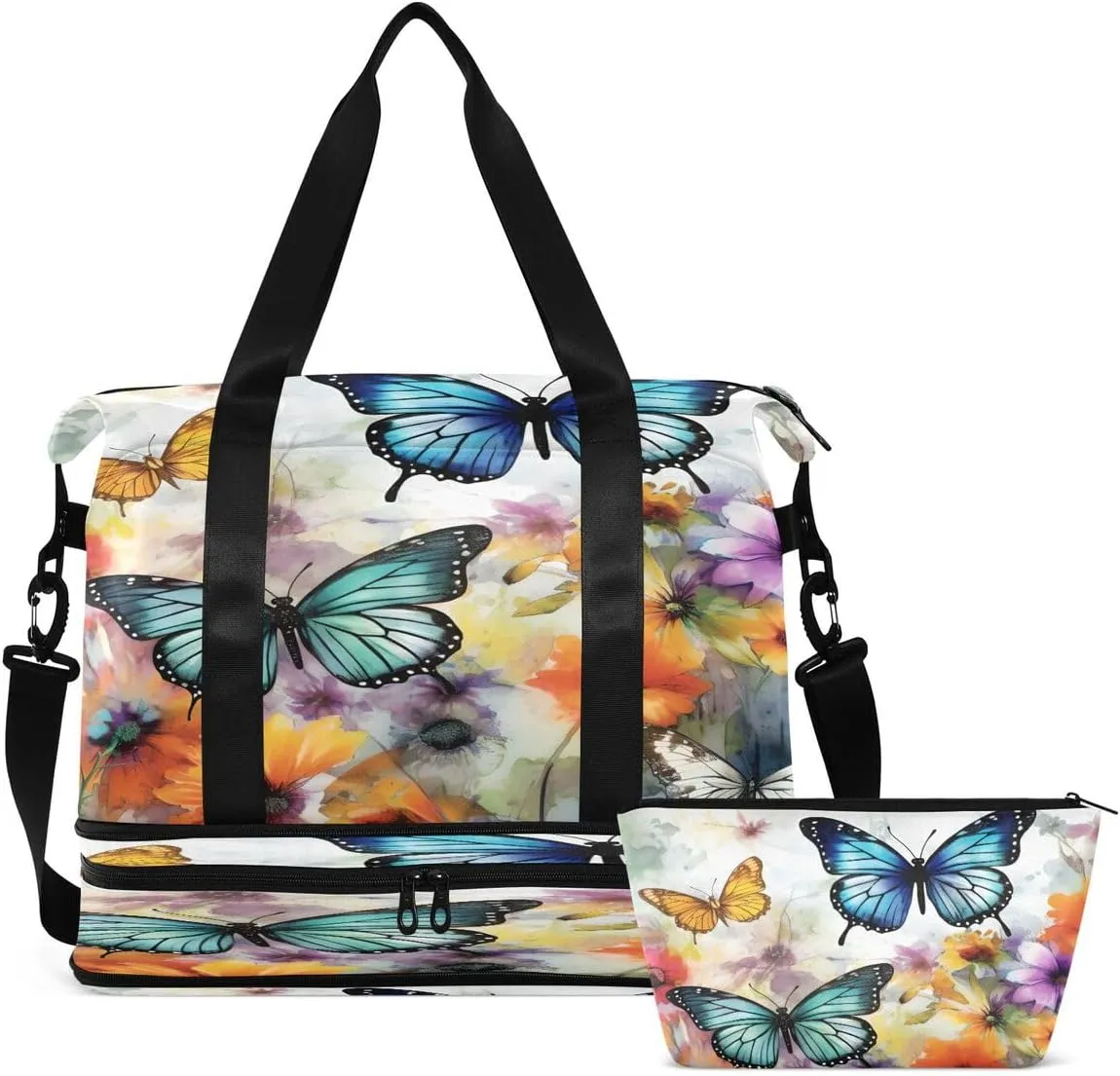 Gym Bag Sports Travel Duffel Bag Weekender Overnight Bag with Wet Pocket Shoes Compartment and Toiletry Bag Floral Butterfly for Travel, Business,Gym, Yoga