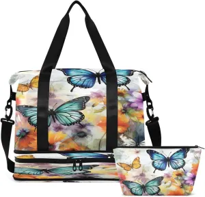 Gym Bag Sports Travel Duffel Bag Weekender Overnight Bag with Wet Pocket Shoes Compartment and Toiletry Bag Floral Butterfly for Travel, Business,Gym, Yoga