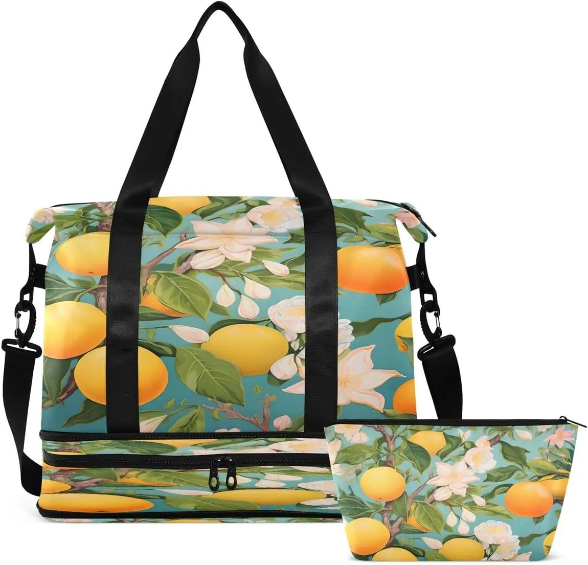 Gym Bag Sports Travel Duffel Bag Weekender Overnight Bag with Wet Pocket Shoes Compartment and Toiletry Bag Lemon Flower for Travel, Business,Gym, Yoga