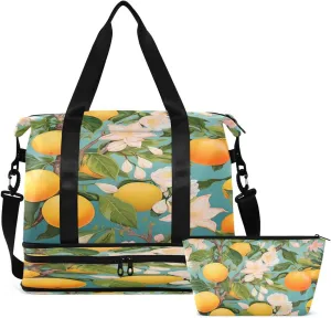Gym Bag Sports Travel Duffel Bag Weekender Overnight Bag with Wet Pocket Shoes Compartment and Toiletry Bag Lemon Flower for Travel, Business,Gym, Yoga