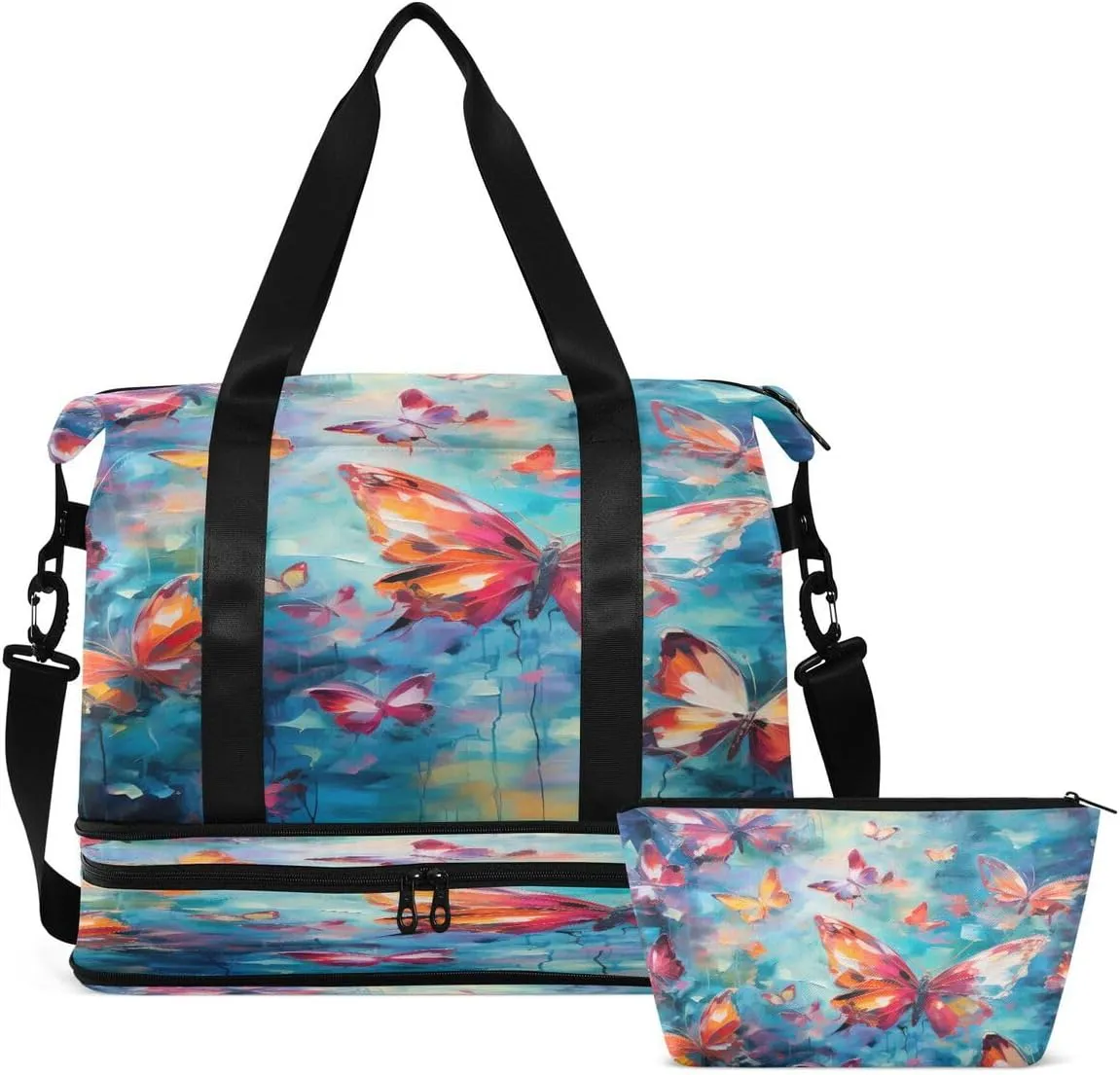 Gym Bag Sports Travel Duffel Bag Weekender Overnight Bag with Wet Pocket Shoes Compartment and Toiletry Bag Orange Butterfly for Travel, Business,Gym, Yoga