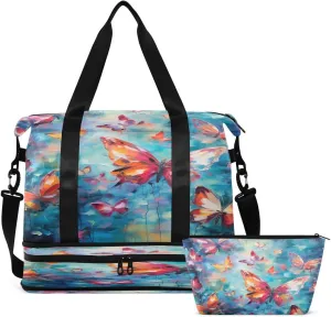 Gym Bag Sports Travel Duffel Bag Weekender Overnight Bag with Wet Pocket Shoes Compartment and Toiletry Bag Orange Butterfly for Travel, Business,Gym, Yoga