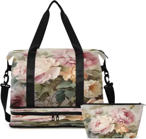 Gym Bag Sports Travel Duffel Bag Weekender Overnight Bag with Wet Pocket Shoes Compartment and Toiletry Bag Pink Peony for Travel, Business,Gym, Yoga