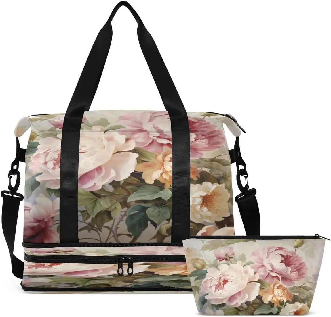 Gym Bag Sports Travel Duffel Bag Weekender Overnight Bag with Wet Pocket Shoes Compartment and Toiletry Bag Pink Peony for Travel, Business,Gym, Yoga