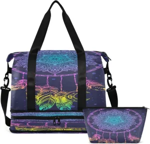 Gym Bag Sports Travel Duffel Bag Weekender Overnight Bag with Wet Pocket Shoes Compartment and Toiletry Bag Purple Dreamcatcher for Travel, Business,Gym, Yoga