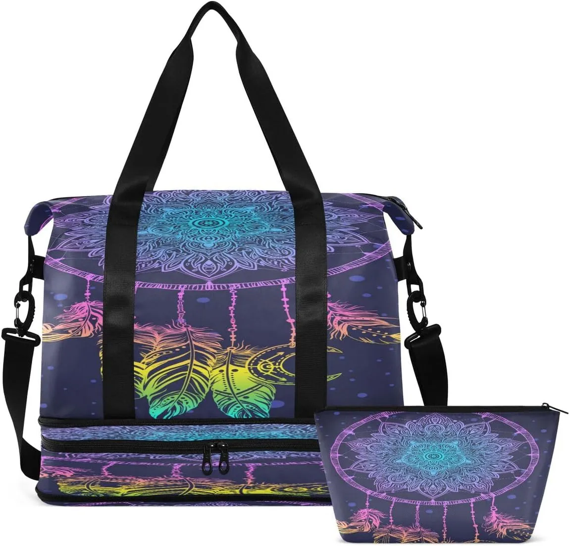 Gym Bag Sports Travel Duffel Bag Weekender Overnight Bag with Wet Pocket Shoes Compartment and Toiletry Bag Purple Dreamcatcher for Travel, Business,Gym, Yoga
