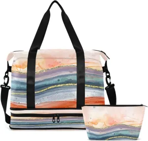 Gym Bag Sports Travel Duffel Bag Weekender Overnight Bag with Wet Pocket Shoes Compartment and Toiletry Bag Rainbow Marble for Travel, Business,Gym, Yoga