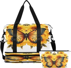 Gym Bag Sports Travel Duffel Bag Weekender Overnight Bag with Wet Pocket Shoes Compartment and Toiletry Bag Sunflower Butterfly for Travel, Business,Gym, Yoga