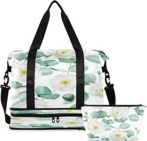 Gym Bag Sports Travel Duffel Bag Weekender Overnight Bag with Wet Pocket Shoes Compartment and Toiletry Bag White Camellia for Travel, Business,Gym, Yoga