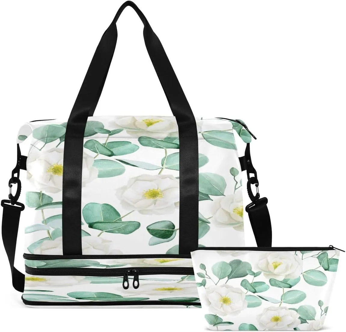 Gym Bag Sports Travel Duffel Bag Weekender Overnight Bag with Wet Pocket Shoes Compartment and Toiletry Bag White Camellia for Travel, Business,Gym, Yoga