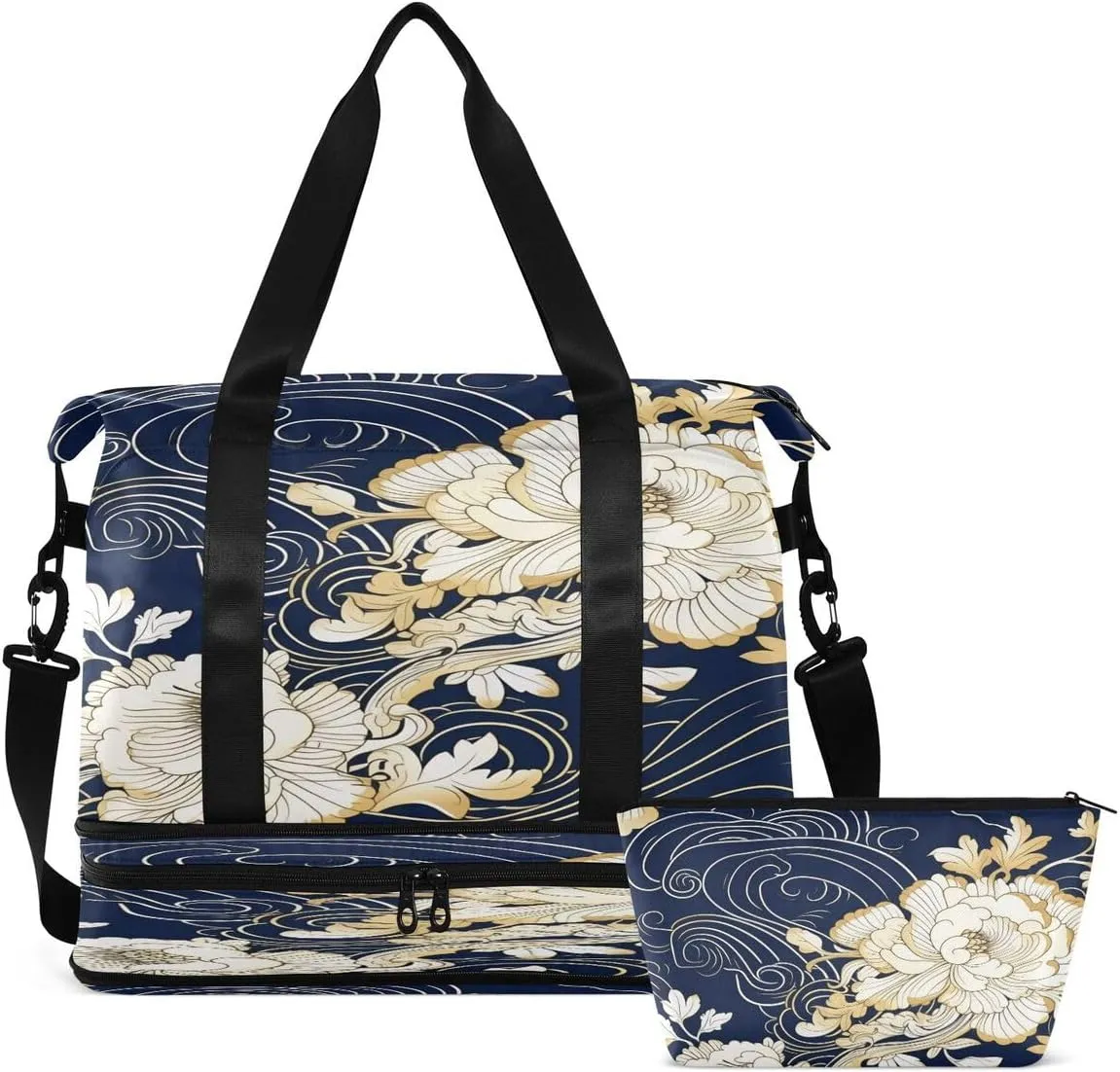 Gym Bag Sports Travel Duffel Bag Weekender Overnight Bag with Wet Pocket Shoes Compartment and Toiletry Bag White Flower for Travel, Business,Gym, Yoga