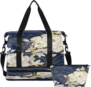 Gym Bag Sports Travel Duffel Bag Weekender Overnight Bag with Wet Pocket Shoes Compartment and Toiletry Bag White Flower for Travel, Business,Gym, Yoga