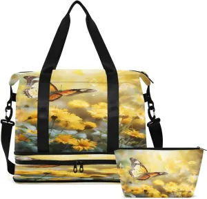 Gym Bag Sports Travel Duffel Bag Weekender Overnight Bag with Wet Pocket Shoes Compartment and Toiletry Bag Yellow Butterfly for Travel, Business,Gym, Yoga