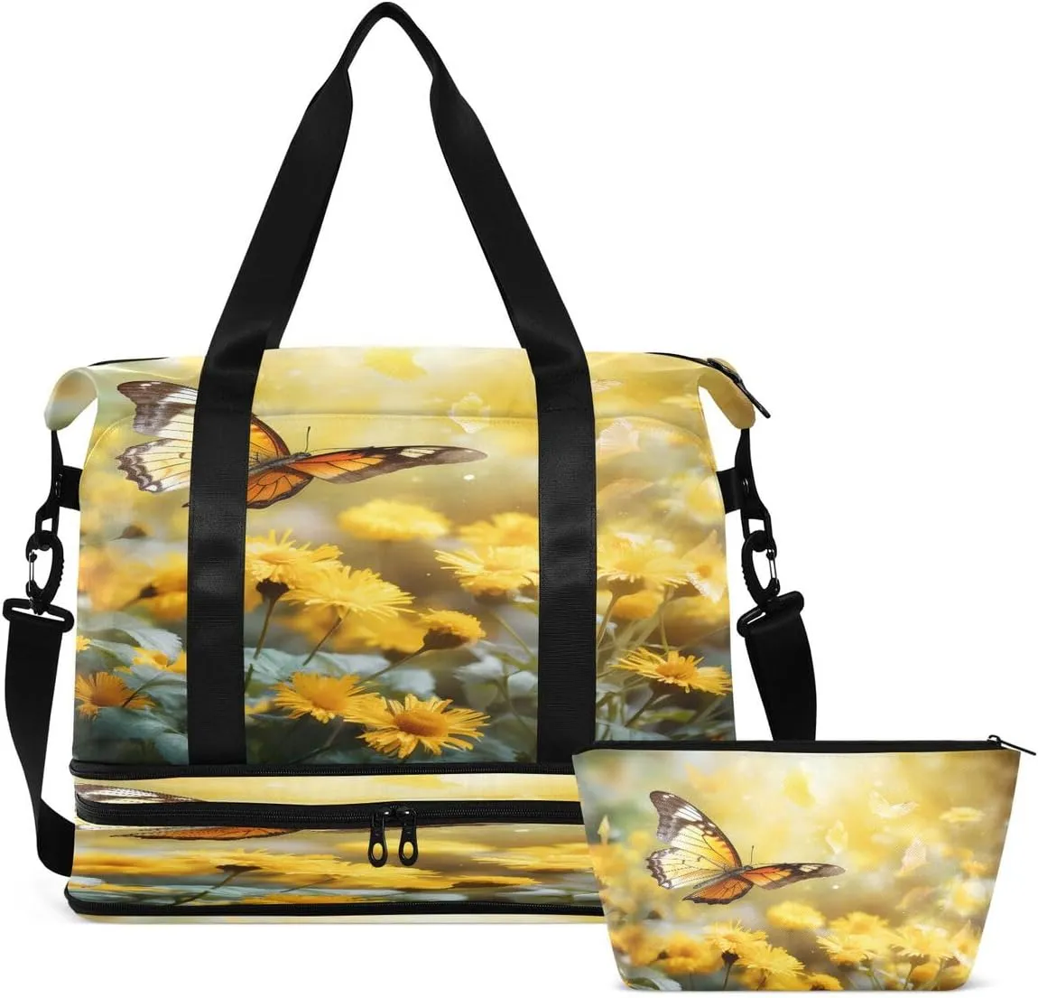 Gym Bag Sports Travel Duffel Bag Weekender Overnight Bag with Wet Pocket Shoes Compartment and Toiletry Bag Yellow Butterfly for Travel, Business,Gym, Yoga