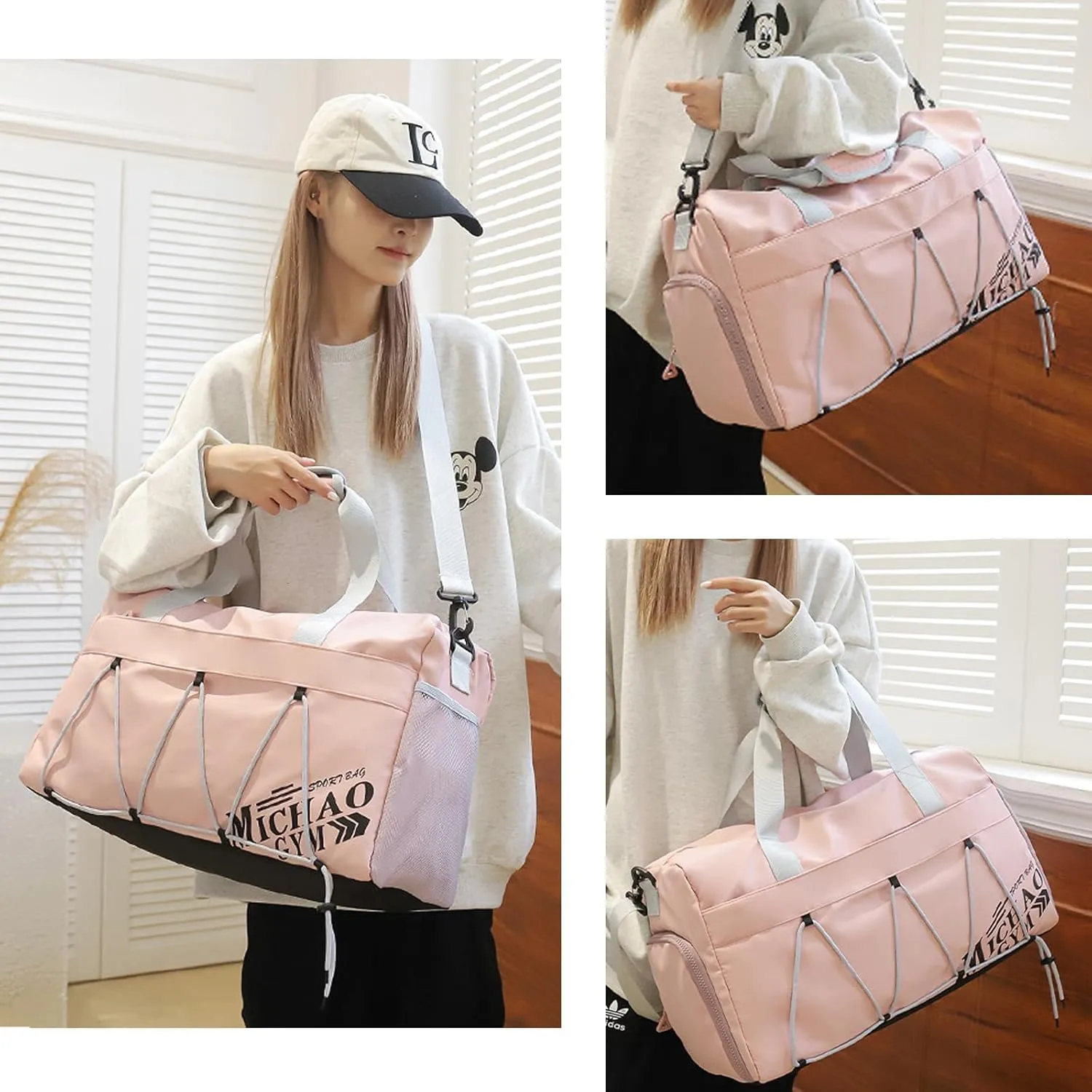 Gym Bag with Shoes Compartment, Stylish Duffle Travel Bag for Plane, Lightweight Duffle Bag for Women, Sport Gym Tote Bag with Wet Pocket (Pink)