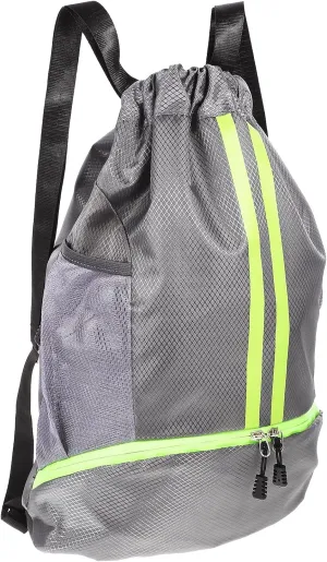 Gym Drawstring Bags Grey Drawstring Backpack -Functional Backpack with Zipper, Shoes Compartment, Side Mesh Pockets for Gym, Sports, Swim, Soccer Drawstring Backpack Sports