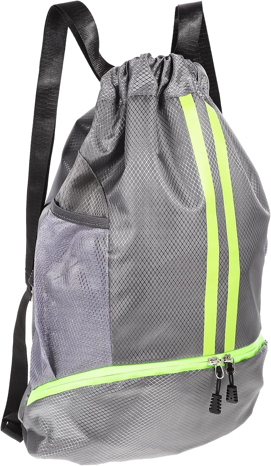 Gym Drawstring Bags Grey Drawstring Backpack -Functional Backpack with Zipper, Shoes Compartment, Side Mesh Pockets for Gym, Sports, Swim, Soccer Drawstring Backpack Sports