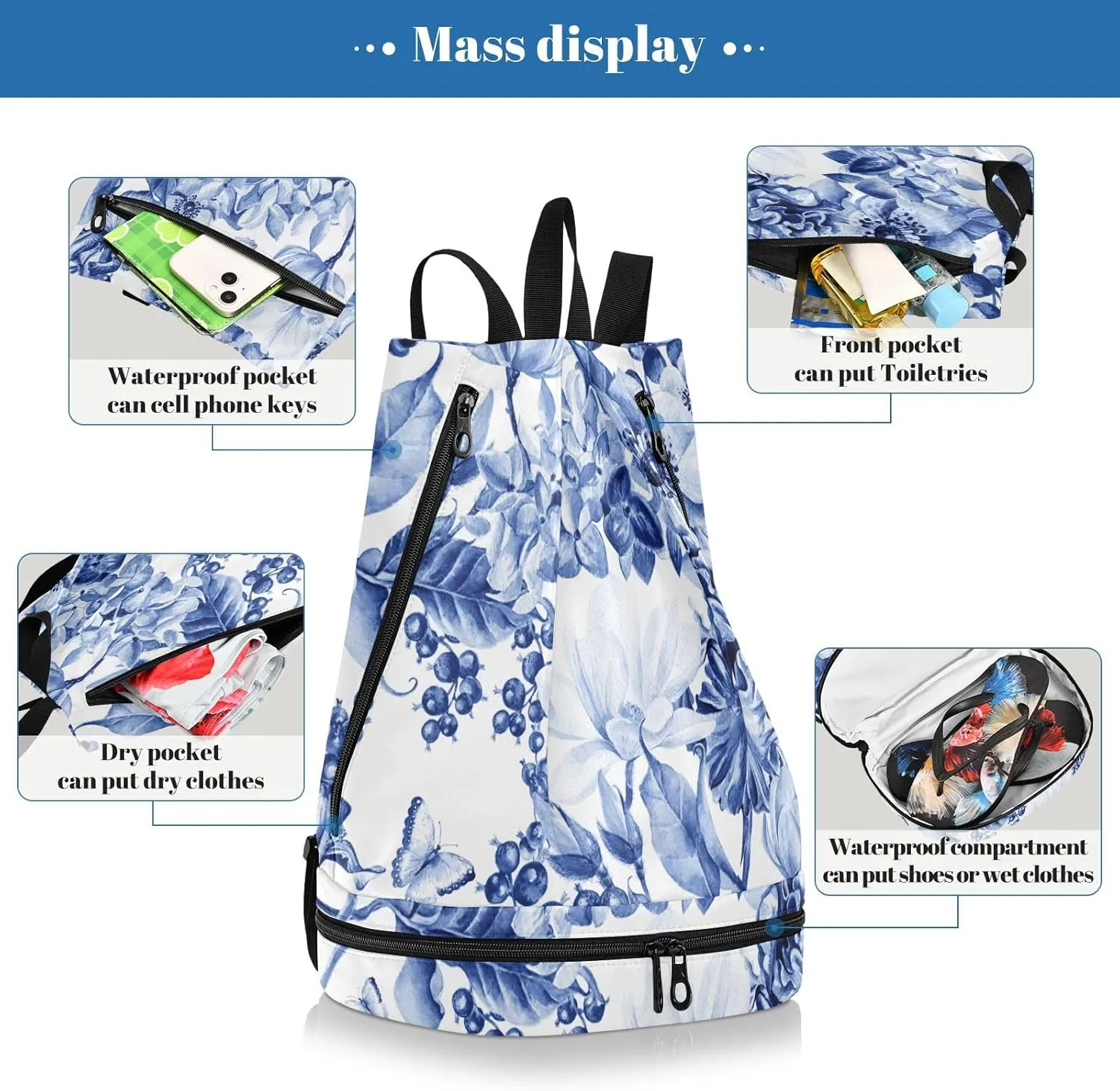 Gym Drawstring Bags with Shoes Compartment Wet Proof Pocket Gym Equipment Bags Draw String backpack for Sports Travel Swimming Beach Blue and White