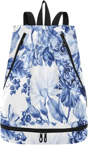Gym Drawstring Bags with Shoes Compartment Wet Proof Pocket Gym Equipment Bags Draw String backpack for Sports Travel Swimming Beach Blue and White