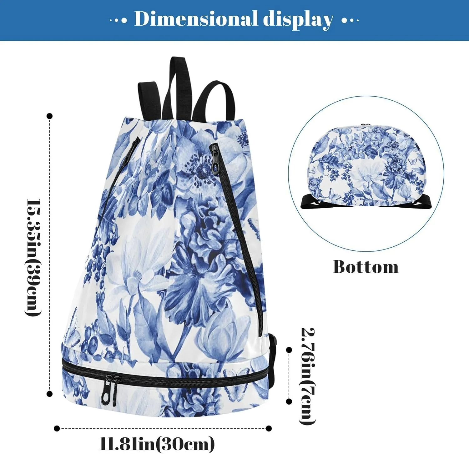Gym Drawstring Bags with Shoes Compartment Wet Proof Pocket Gym Equipment Bags Draw String backpack for Sports Travel Swimming Beach Blue and White