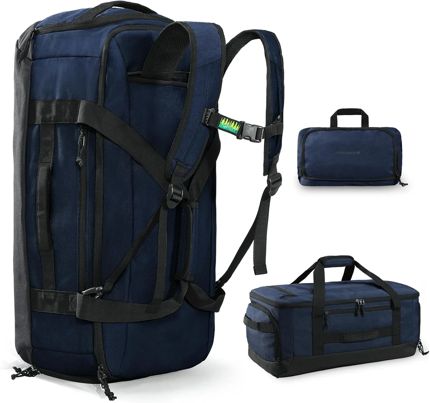 Haimont 60L Large Duffel Bag Backpack for Men Women, Travel Bag with Shoes Compartment, Convertible Duffel Backpack, Sports, Camping, Overnight, Water-Resistant, Navy Blue