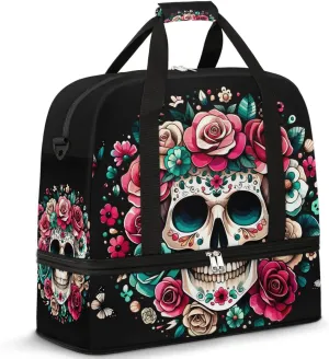 Halloween Skull Rose Skeleton Travel Duffle Bags With Shoes Compartment for Women Men Weekender Overnight Bag Foldable Sports Tote Gym Carry On Luggage Handlebag for Travel Yoga Hospital Workout