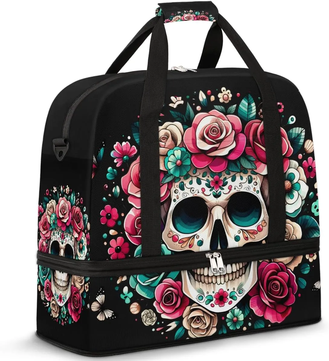 Halloween Skull Rose Skeleton Travel Duffle Bags With Shoes Compartment for Women Men Weekender Overnight Bag Foldable Sports Tote Gym Carry On Luggage Handlebag for Travel Yoga Hospital Workout