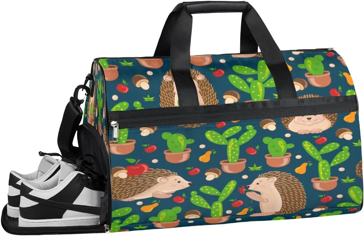 Hedgehog Cactus Resistant Sports Gym Bag for Women Men Travel Duffel bag with Wet Pocket & Shoes Compartment Waterproof Weekender Bag 19.7"x9.9"x13"