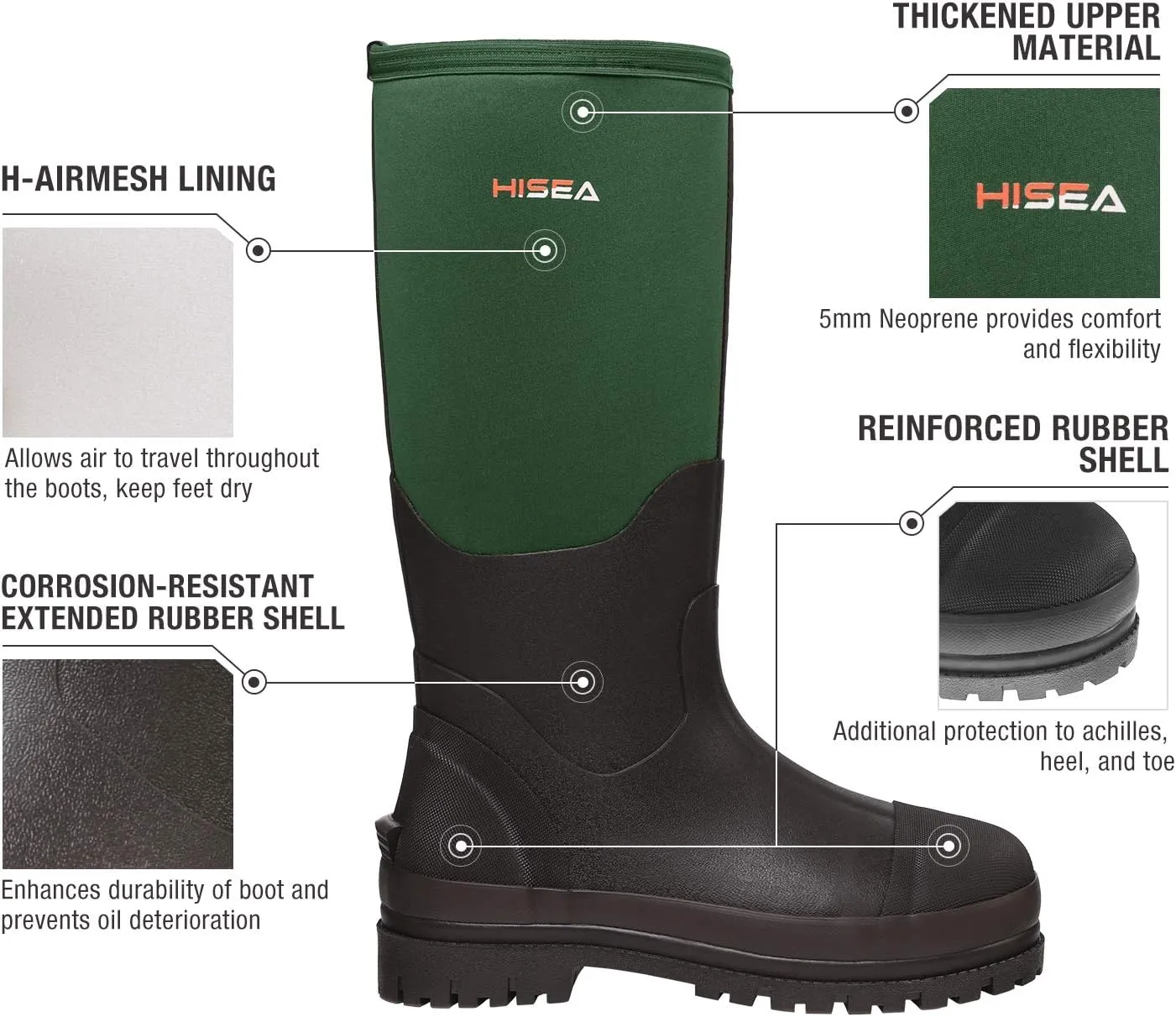 HISEA Men's Rubber Neoprene Rain Boots, Snow Boots - Tall Warm Waterproof Mens Winter Boots Durable Slip Resistant Boots for Men Outdoor Working, Hunting, Fishing