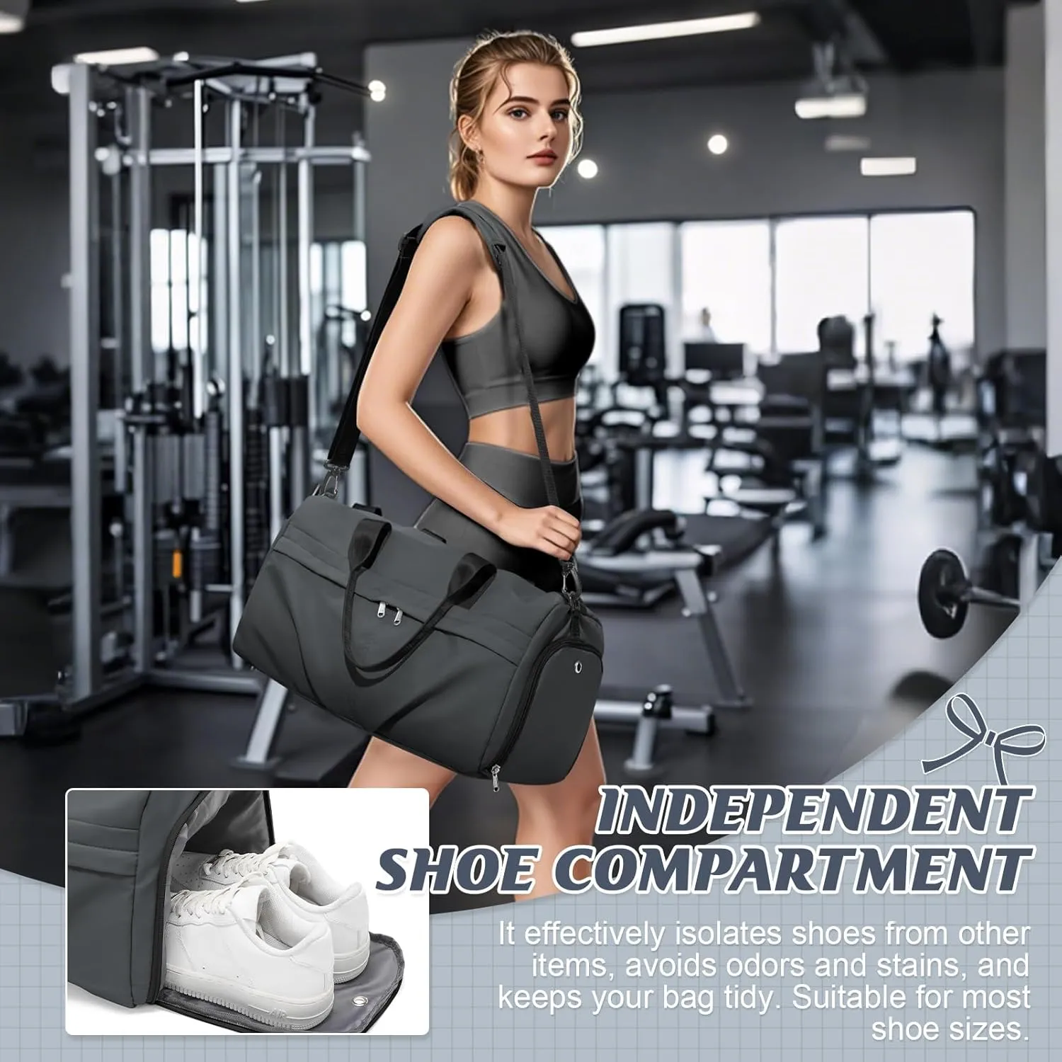 HYC00 Sporty Duffel Bag Women Men Fitness Bag Sports Bag Women's Sports Gym Bags with Shoe Compartment Gym Bag Hospital Bag Overnight Bag Hand Luggage with Wet Pocket Weekender Bag Travel Duffel Bags