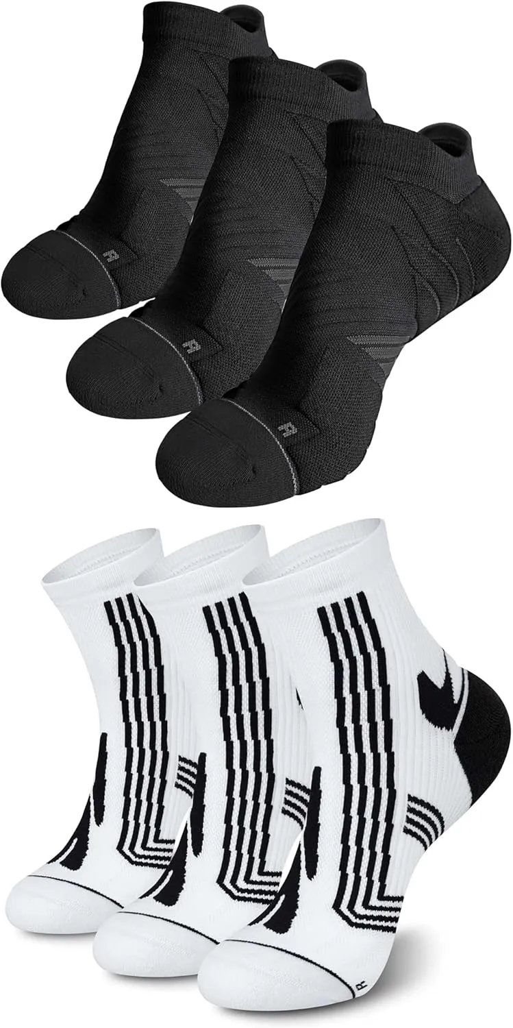 Hylaea Adult Coolmax Athletic Running Socks with Cushion Seamless Toe, Black White Large