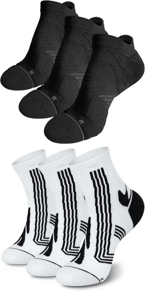 Hylaea Adult Coolmax Athletic Running Socks with Cushion Seamless Toe, Black White Large