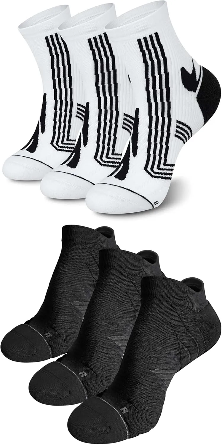 Hylaea Adult Coolmax Athletic Running Socks with Cushion Seamless Toe, No Show and Ankle Cut Black White X-Large