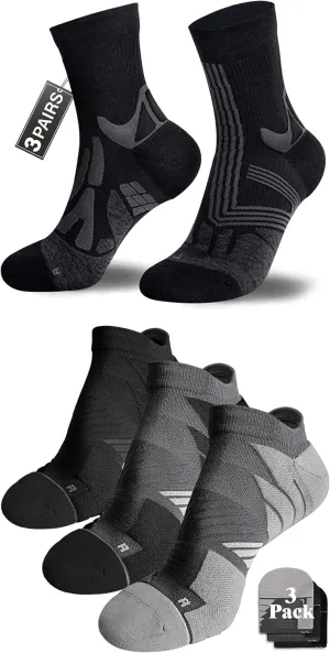 Hylaea Adult Coolmax Athletic Running Socks with Cushion Seamless Toe, No Show and Quarter Length Black Grey Large