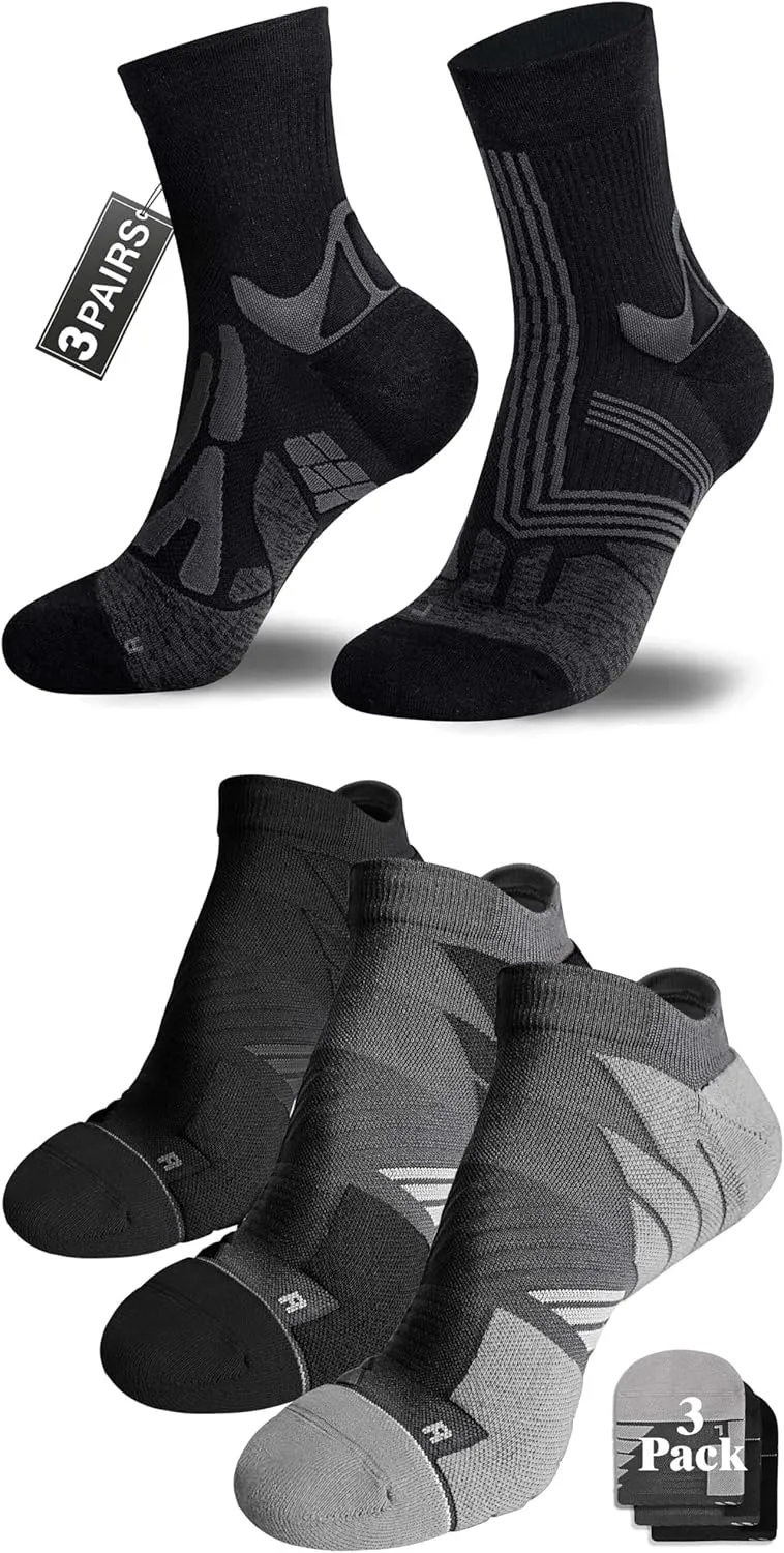 Hylaea Adult Coolmax Athletic Running Socks with Cushion Seamless Toe, No Show and Quarter Length Black Grey Small