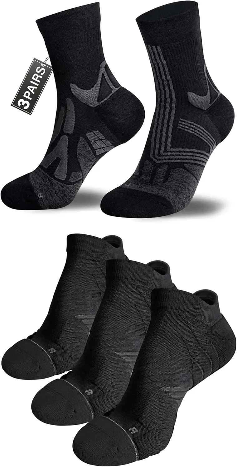 Hylaea Adult Coolmax Athletic Running Socks with Cushion Seamless Toe, No Show and Quarter Length Black Medium