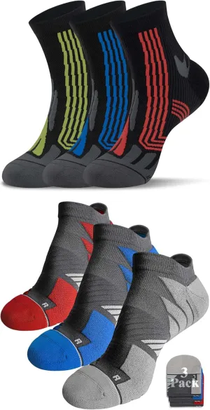 Hylaea Adult Coolmax Athletic Running Socks with Cushion Seamless Toe, No Show and Quarter Length Red Blue Black X-Large