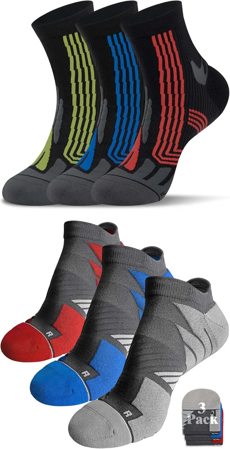 Hylaea Adult Coolmax Athletic Running Socks with Cushion Seamless Toe, No Show and Quarter Length Red Blue Black X-Large