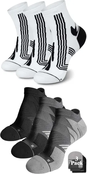 Hylaea Adult Coolmax Athletic Running Socks with Cushion Seamless Toe, No Show and Quarter Length White Black Grey Large