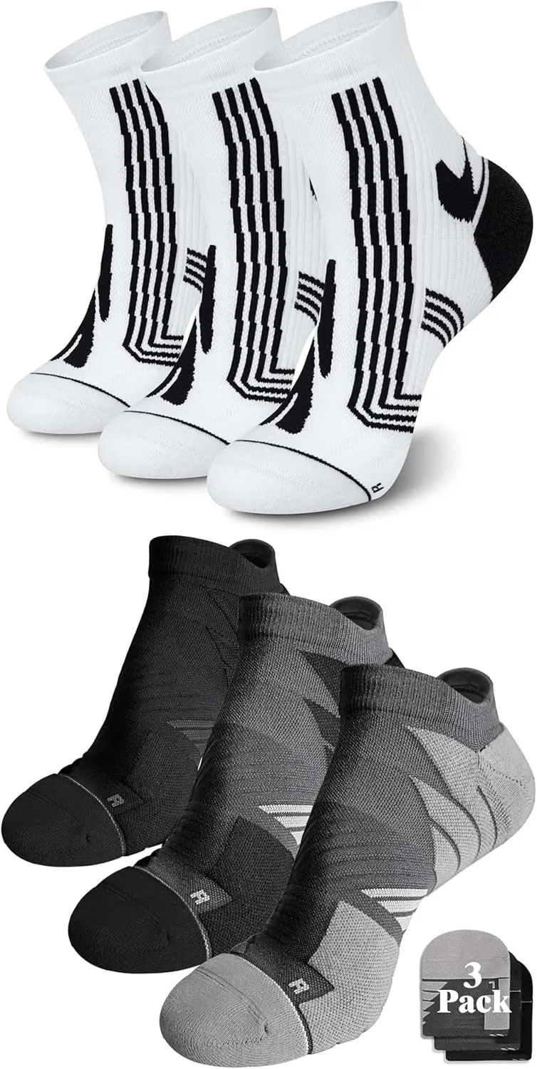 Hylaea Adult Coolmax Athletic Running Socks with Cushion Seamless Toe, No Show and Quarter Length White Black Grey X-Large