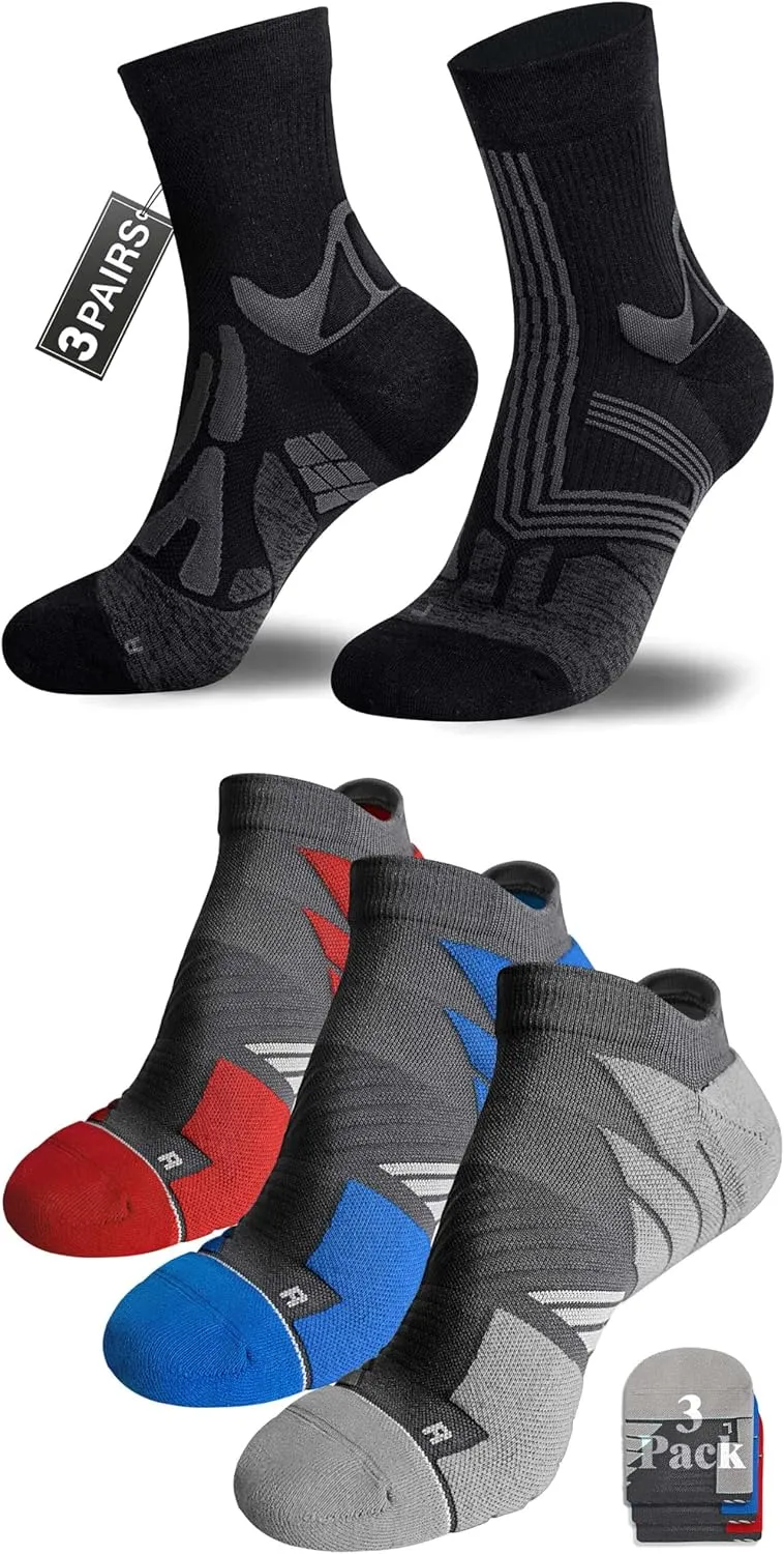 Hylaea Coolmax Athletic Running Socks Moisture Wicking No Blister Seamless Toe, No Show and Quarter Length Black Blue Red Grey Large